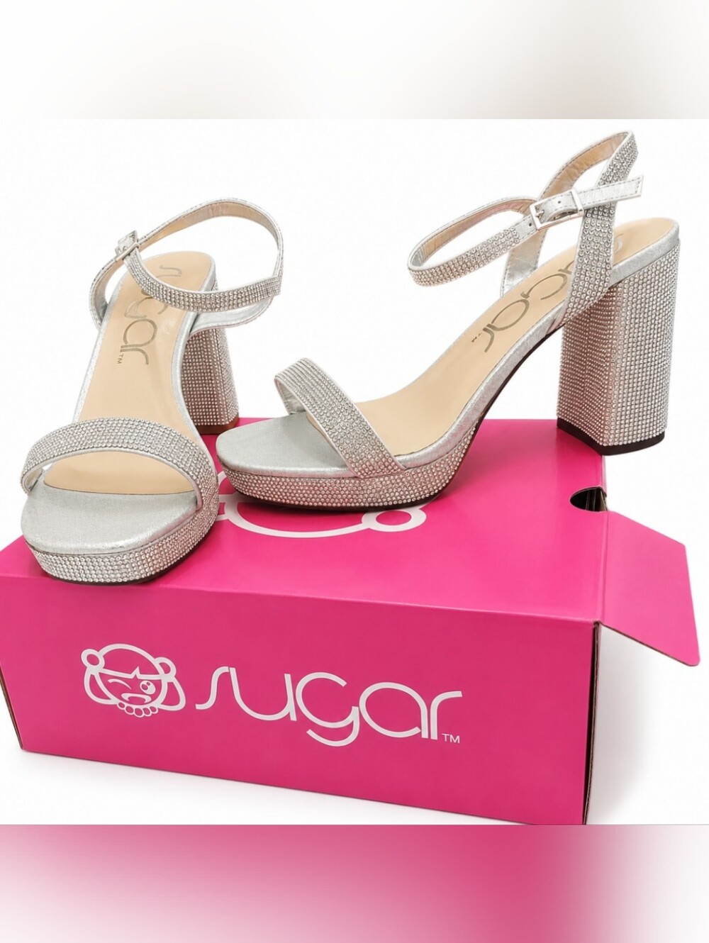 Women's Size 9 Sugar Valentina Silver Rhinestone Embellished Block Heel Sandals